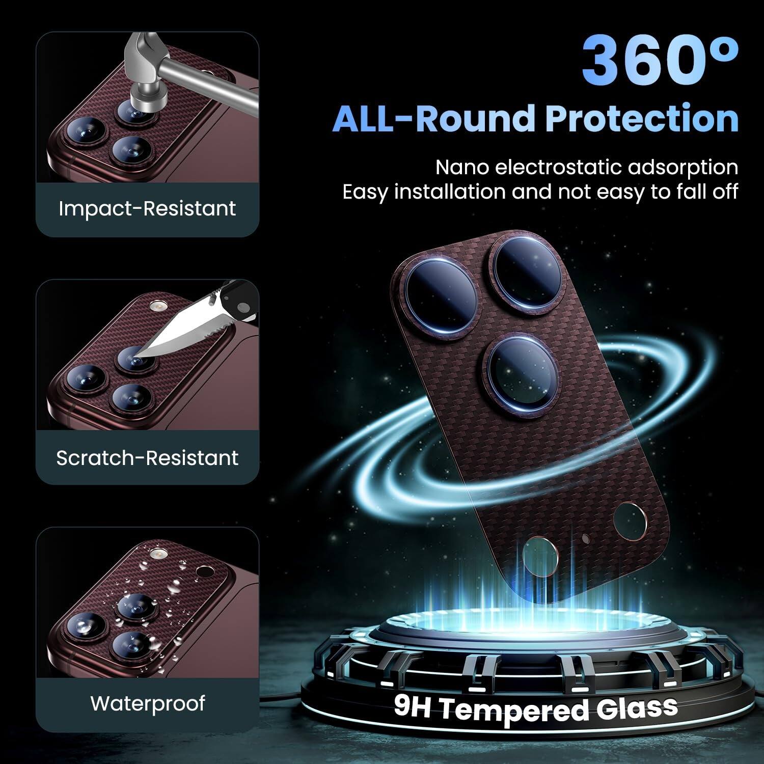 360° ALL-Round Protection

- Impact-Resistant
- Scratch-Resistant
- Waterproof
- Nano electrostatic adsorption
- Easy installation and not easy to fall off
- 9H Tempered Glass