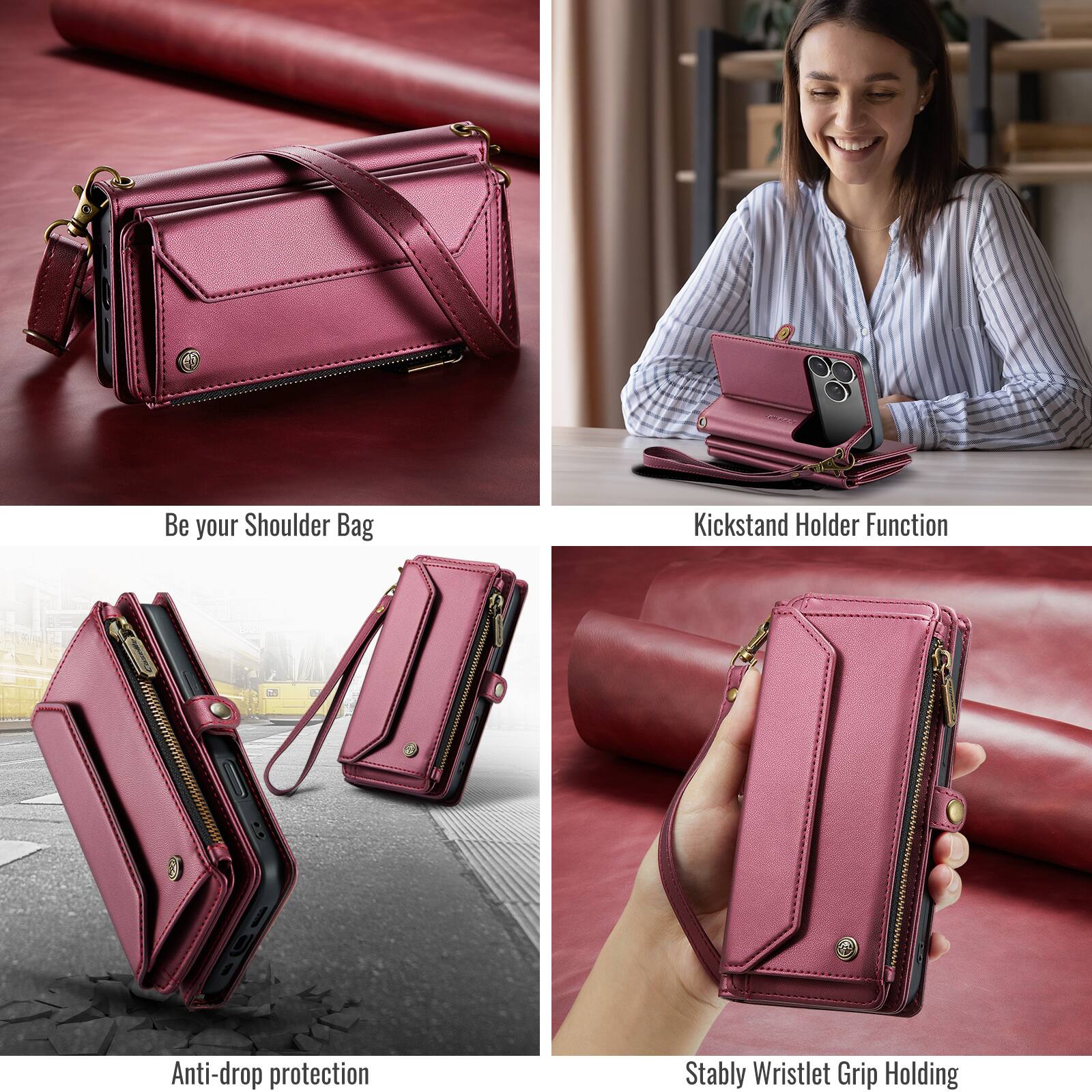 Be your Shoulder Bag  
Kickstand Holder Function  
Anti-drop protection  
Stably Wristlet Grip Holding
