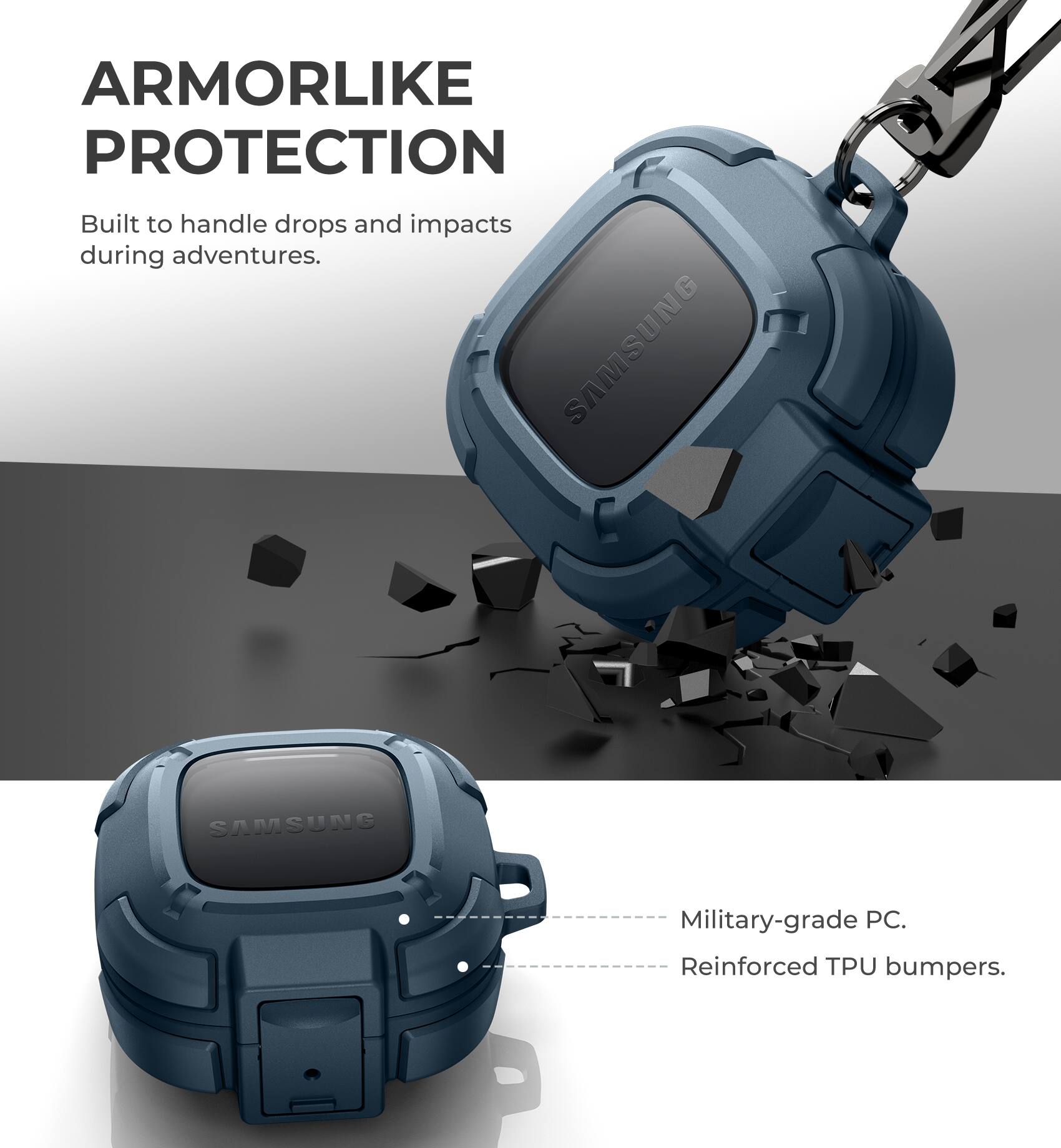 ARMORLIKE PROTECTION  
Built to handle drops and impacts during adventures.  

INNOVATIVE SAMSUNG  
Military-grade PC.  
Reinforced TPU bumpers.