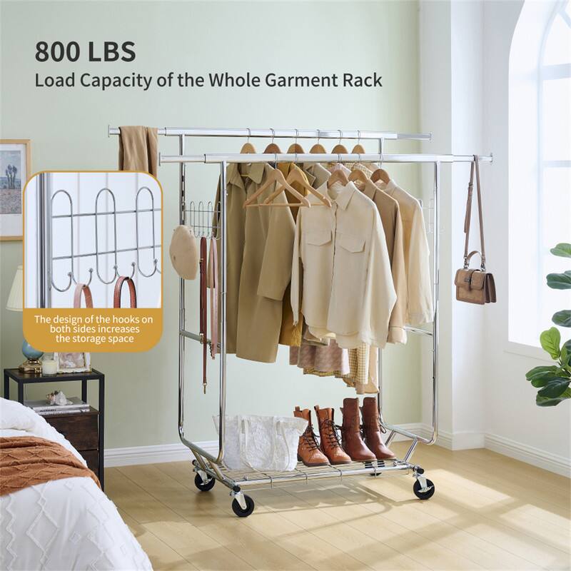 800 LBS Load Capacity of the Whole Garment Rack

The design of the hooks on both sides increases the storage space