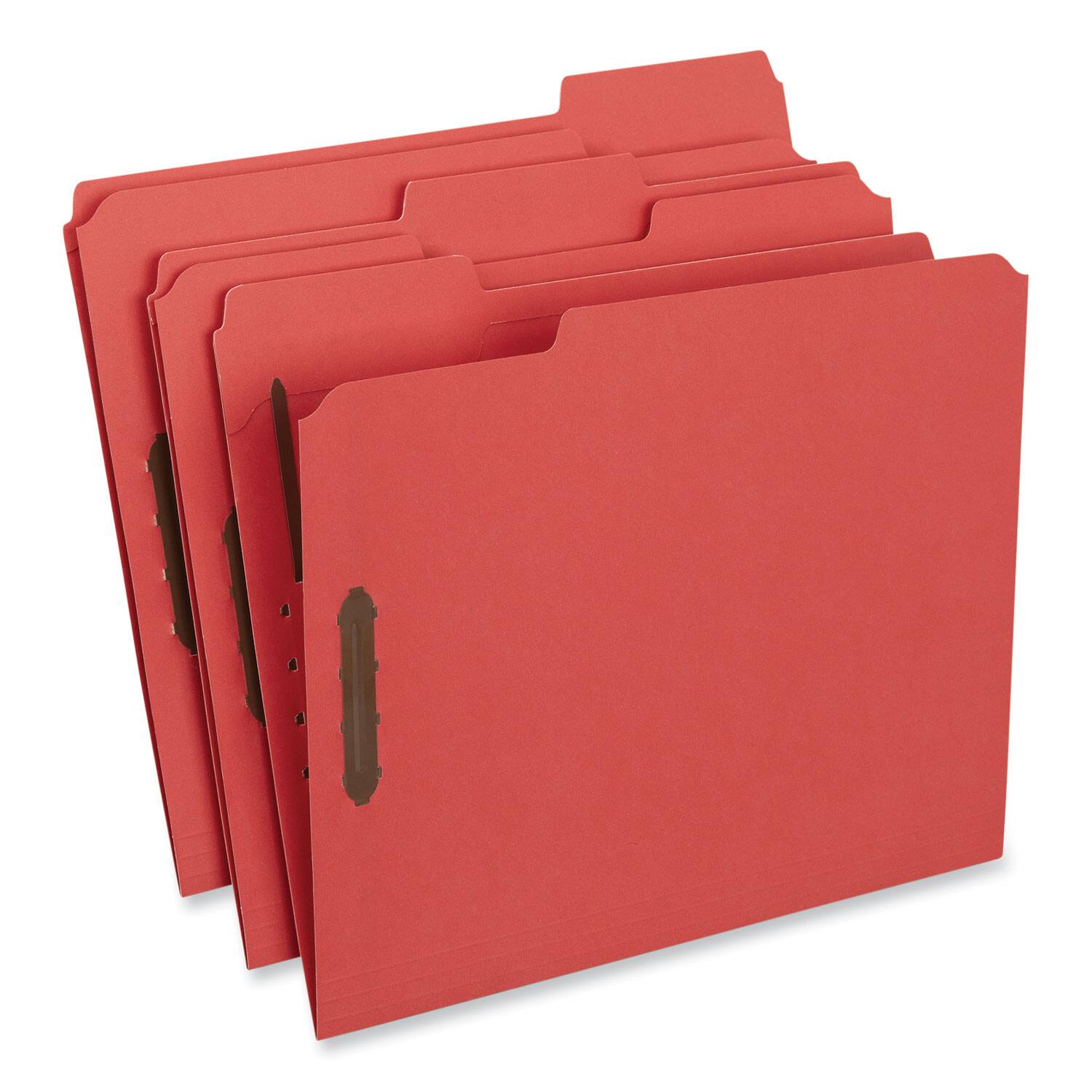 Angle. Universal - Deluxe Reinforced Top Tab Fastener Folders, 0.75" Expansion, 2 Fasteners, Letter Size, Red Exterior, 50/Box.