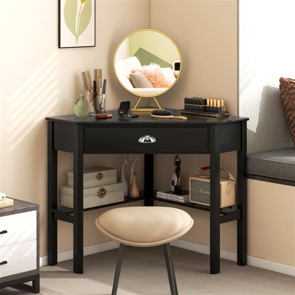 Alt View 7. Pefilos - Corner Wooden Piece Laptop Computer Desk, Small Home Office Desk Study Writing Table, Black - Black.