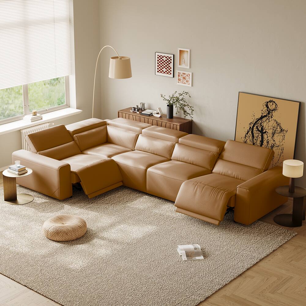 Angle. POVISON - 141.14" Power Corner Sofa L-shaped Electric Reclining Couch, 2 Extendable Recliners, USB Charging, Living Room,Khaki - Khaki Sustainable Leather.