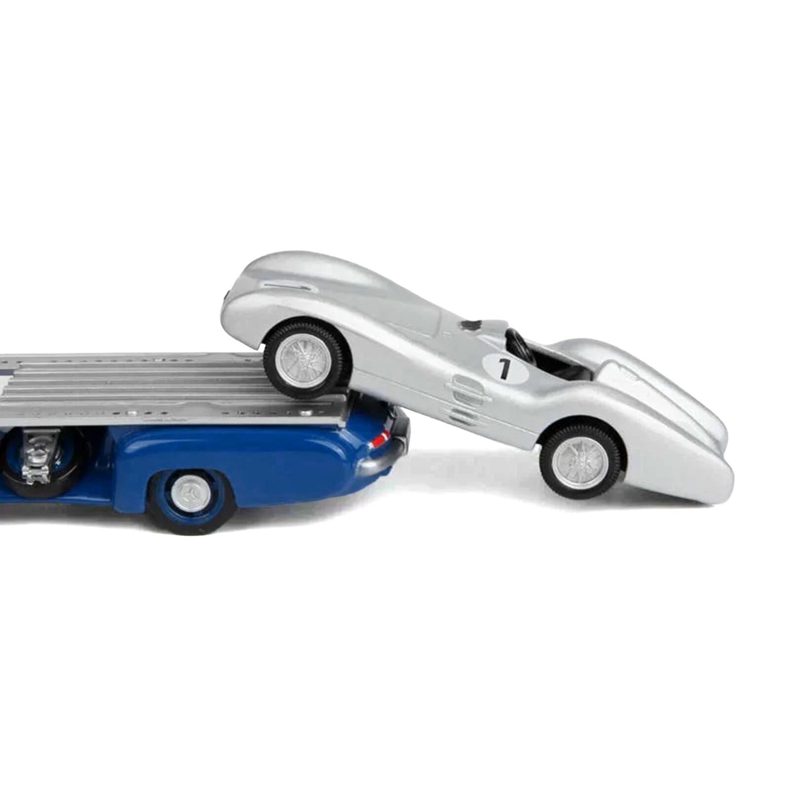 Alt View 1. Norev - Mercedes-Benz Renntransporter Flatbed Truck Blue & 1954 Mercedes-Benz W196 #1 Silver Met. 1/64 Diecast Models by Norev.