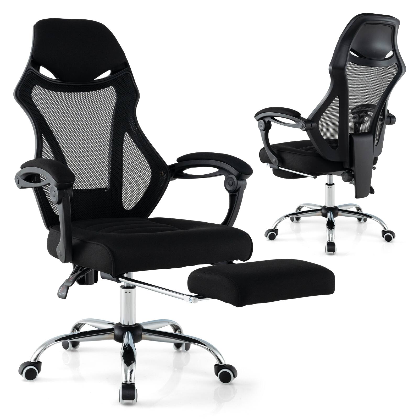 Left. WELLFOR - Ergonomic Mesh Office Chair with Footrest and Tilting Backrest - Black.