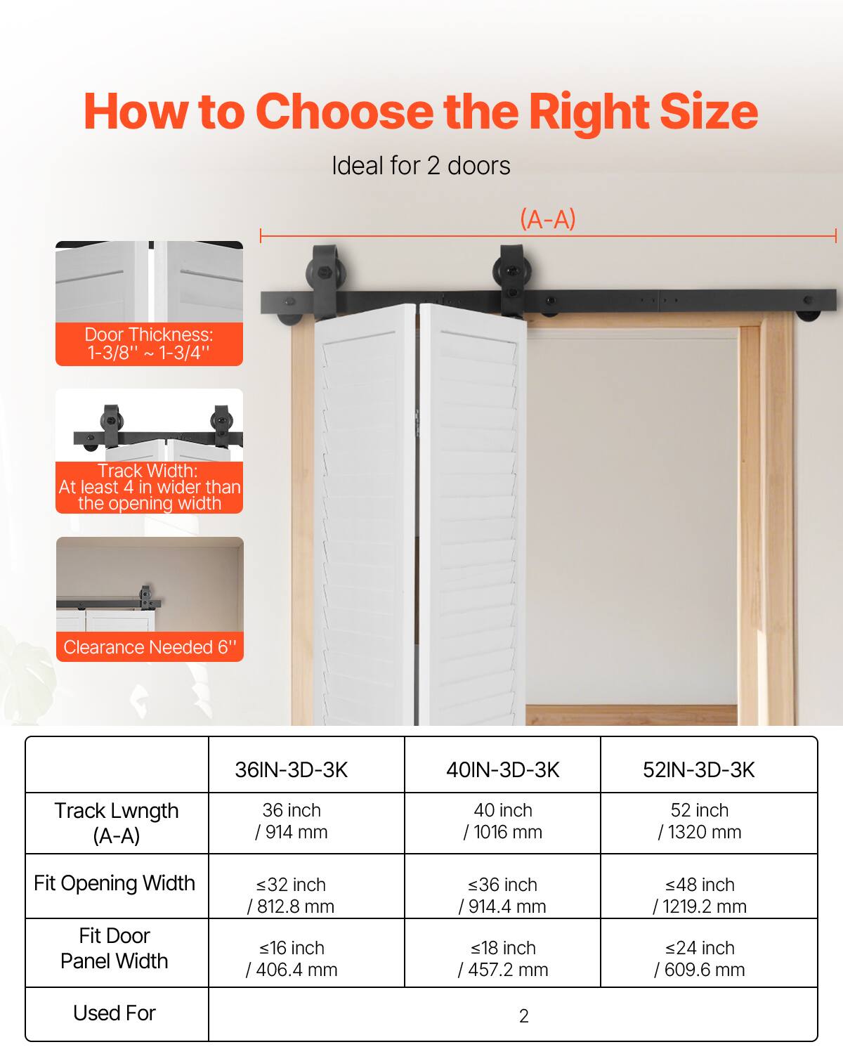 How to Choose the Right Size

Ideal for 2 doors (A-A)

Door Thickness: 1-3/8" - 1-3/4"

Track Width: At least 4 in wider than the opening width

Clearance Needed 6"

Track Length (A-A) | 36IN-3D-3K | 40IN-3D-3K | 52IN-3D-3K
--- | --- | --- | ---
36 inch / 914 mm | 40 inch / 1016 mm | 52 inch / 1320 mm
Fit Opening Width | ≤32 inch / 812.8 mm | ≤36 inch / 914.4 mm | ≤48 inch / 1219.2 mm
Fit Door Panel Width | ≤16 inch / 406.4 mm | ≤18 inch / 457.2 mm | ≤24 inch / 609.6 mm
Used For | 2