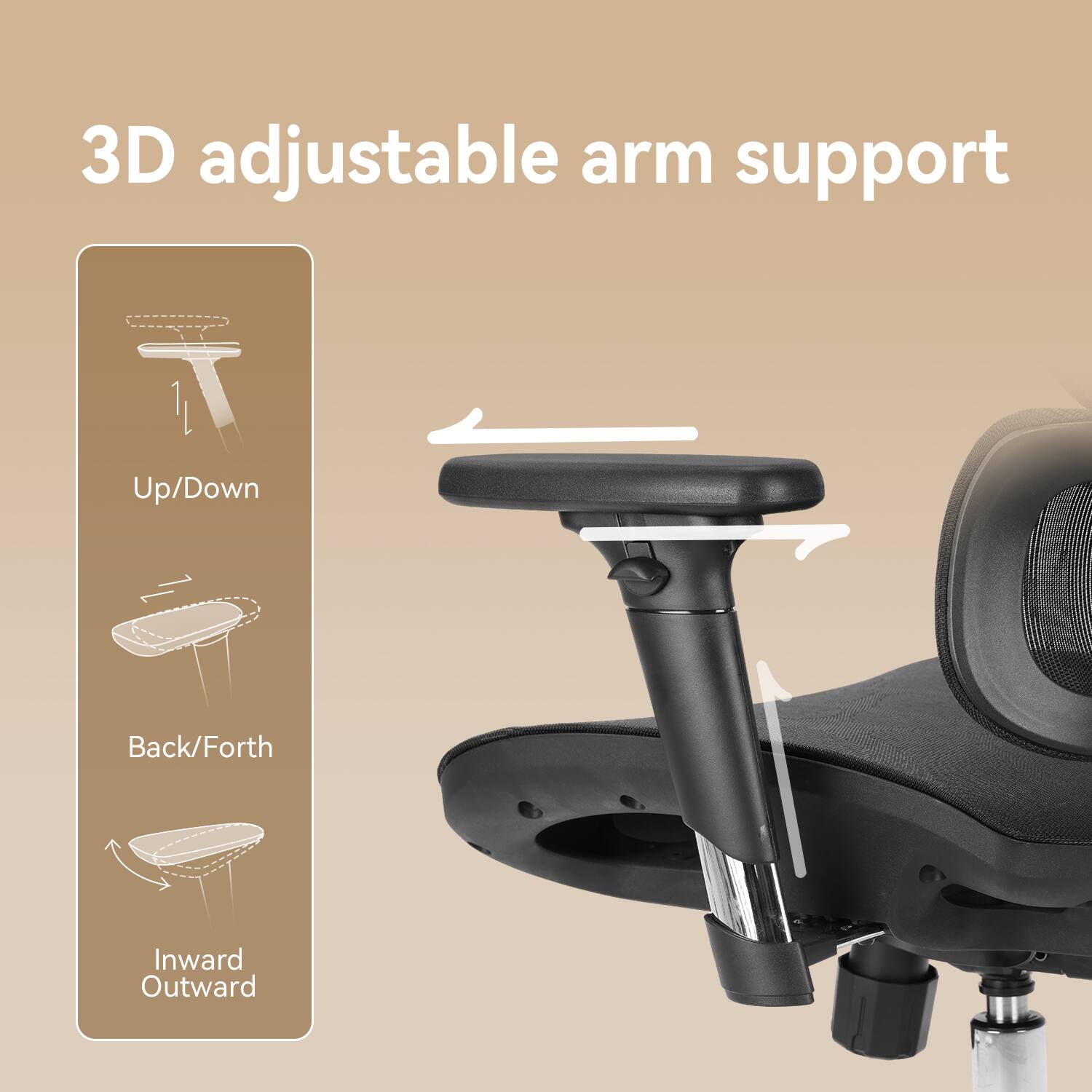 3D adjustable arm support
Up/Down
Back/Forth
Inward
Outward