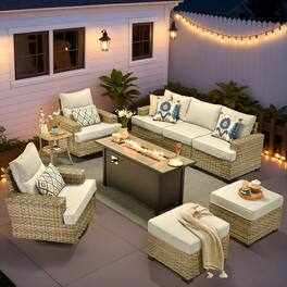 Ovios - 9 PCS Patio Furniture Sofa Set with Swivel Chairs, Side Table & 54" Fire Pit Table for Backyard - Gray