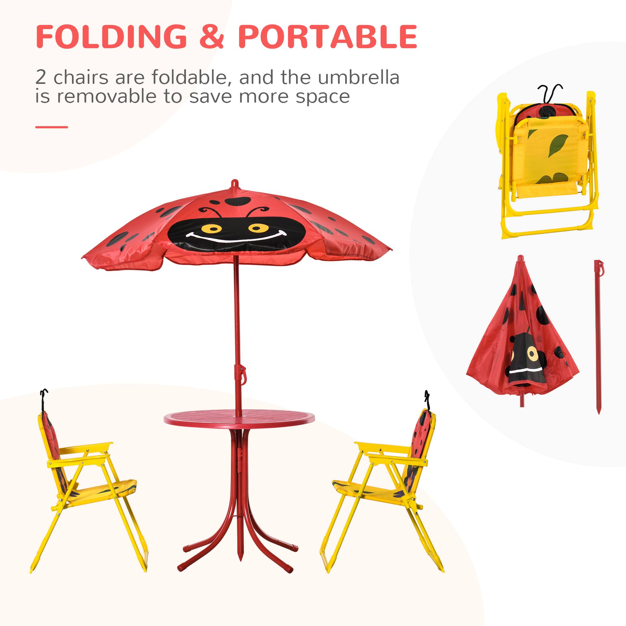 FOLDING & PORTABLE

2 chairs are foldable, and the umbrella is removable to save more space