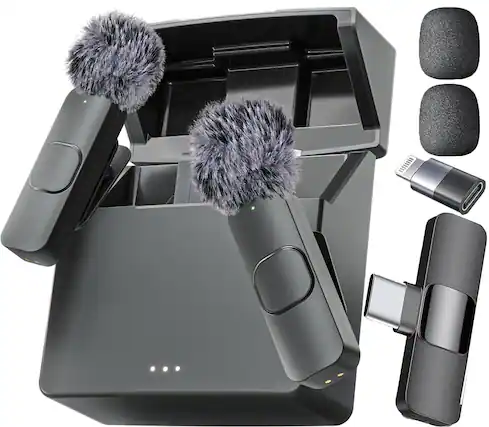 Front. HM 1810 - latest Model Wireless Microphone For Ipad Android Lavalier Video Recording Crystal Clear With Usb c Podcast - Charging Case + All iPhones & Androids.