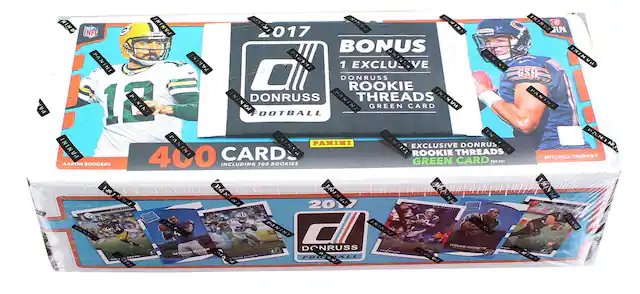 Sure, here is the corrected and grouped text from the image:
---
**2017 Donruss Football**
- **400 Cards**
- Including 100 Rookies
- **Bonus**
- 1 Exclusive Donruss Rookie Threads Green Card
- **Exclusive Donruss Rookie Threads Green Card**
- Per Box
- **Aaron Rodgers**
- **Mitchell Trubisky**
- **2017 Donruss Football**
- **NFL**
- **Donruss**
- **Donruss Football**
- **Donruss**
- **Donruss**
- **Donruss**
- **Donruss**
- **Donruss**
- **Donruss**
- **Donruss**
- **Donruss**
- **Donruss**
- **Donruss**
- **Donruss**
- **Donruss**
- **Donruss**
- **Donruss**
- **Donruss**
- **Donruss**
- **Donruss**
- **Donruss**
- **Donruss**
- **Donruss**
- **Donruss**
- **Donruss**
- **Donruss**
- **Don