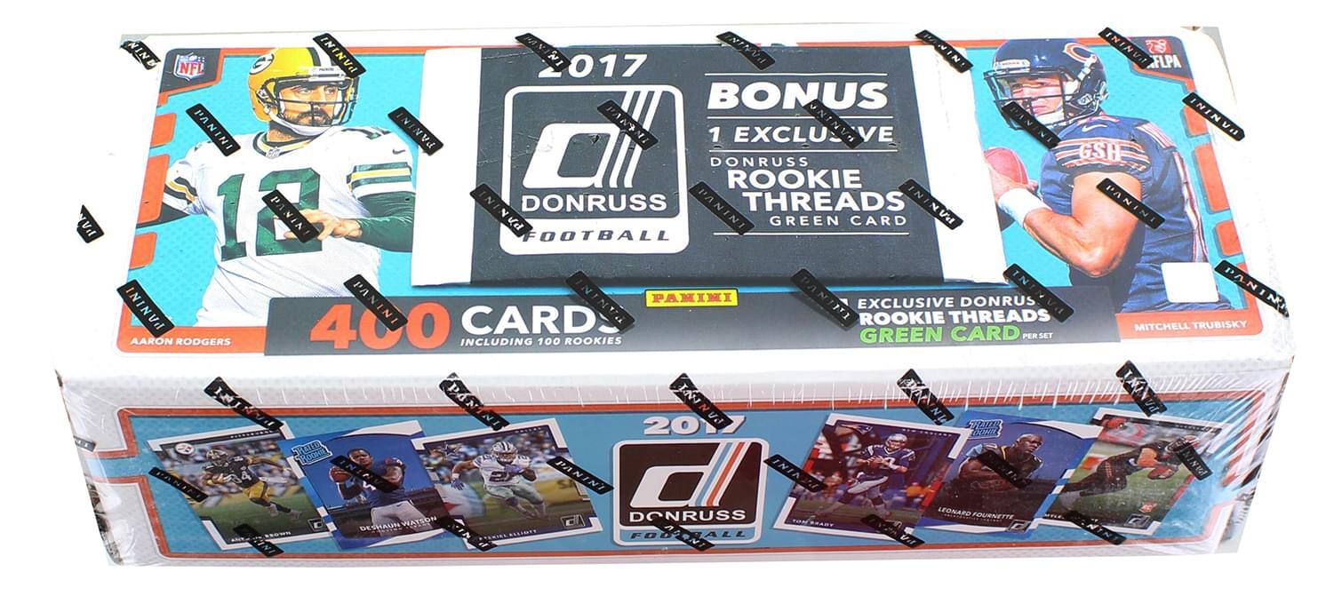 Sure, here is the corrected and grouped text from the image:

---

**2017 Donruss Football**

- **400 Cards**
  - Including 100 Rookies

- **Bonus**
  - 1 Exclusive Donruss Rookie Threads Green Card

- **Exclusive Donruss Rookie Threads Green Card**
  - Per Box

- **Aaron Rodgers**

- **Mitchell Trubisky**

- **2017 Donruss Football**

- **NFL**

- **Donruss**

- **Donruss Football**

- **Donruss**

- **Donruss**

- **Donruss**

- **Donruss**

- **Donruss**

- **Donruss**

- **Donruss**

- **Donruss**

- **Donruss**

- **Donruss**

- **Donruss**

- **Donruss**

- **Donruss**

- **Donruss**

- **Donruss**

- **Donruss**

- **Donruss**

- **Donruss**

- **Donruss**

- **Donruss**

- **Donruss**

- **Donruss**

- **Donruss**

- **Don