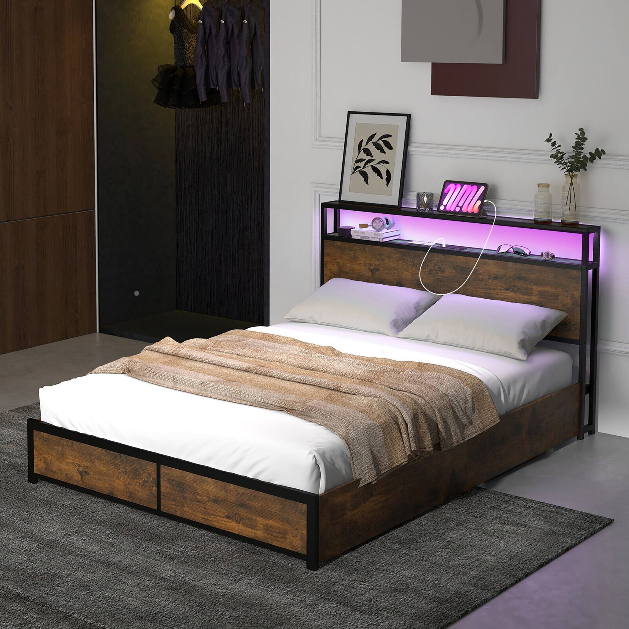 Alt View 4. Gymax - Gymax Full Industrial Platform Bed Frame with Storage Drawers & LED Lights Headboard - Rustic Brown.