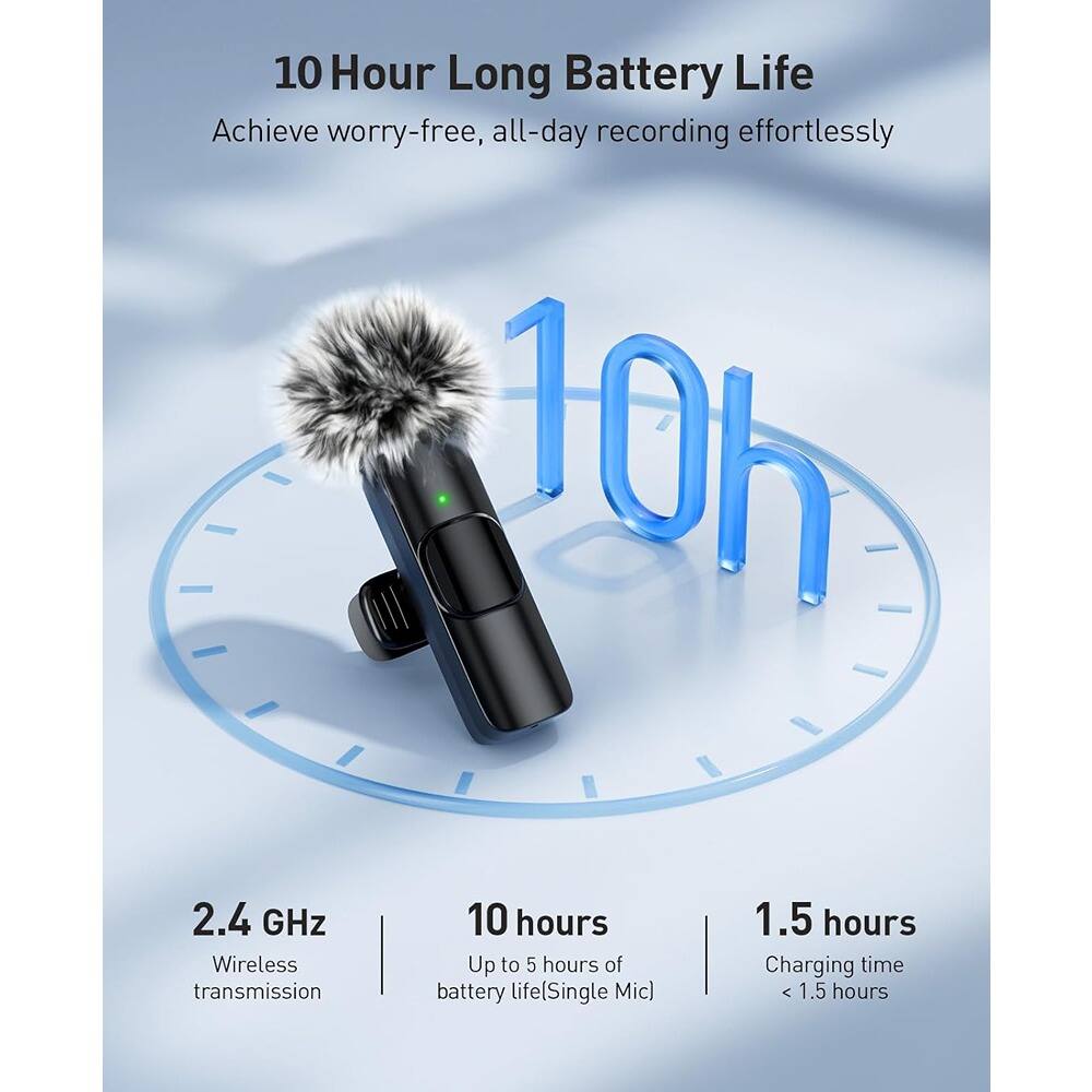 10 Hour Long Battery Life  
Achieve worry-free, all-day recording effortlessly  

2.4 GHz Wireless transmission  
10 hours Up to 5 hours of battery life (Single Mic)  
1.5 hours Charging time < 1.5 hours