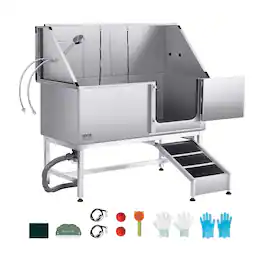 VEVOR - Stainless Steel Dog Washing Station, 62 inch Pet Grooming Tub w/ Ramp, PE Water Filter Board
