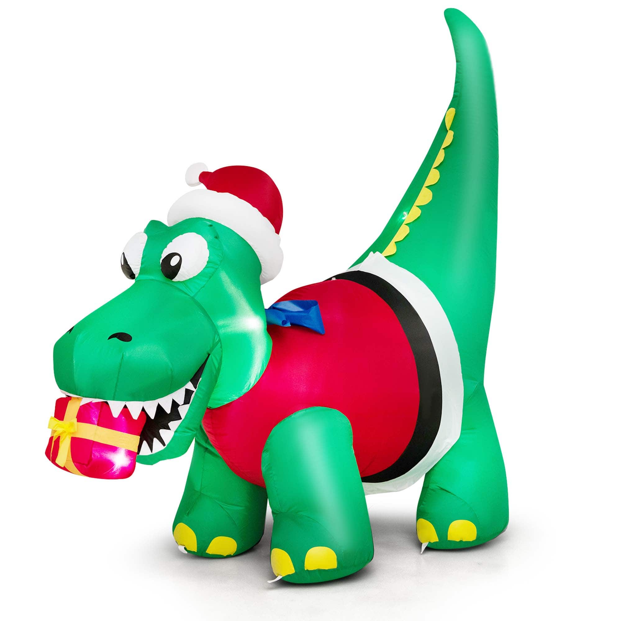 Front. Costway - 6FT Inflatable Christmas Dinosaur with LED Lights Gift Box & Blower Party Yard - Multicolor.