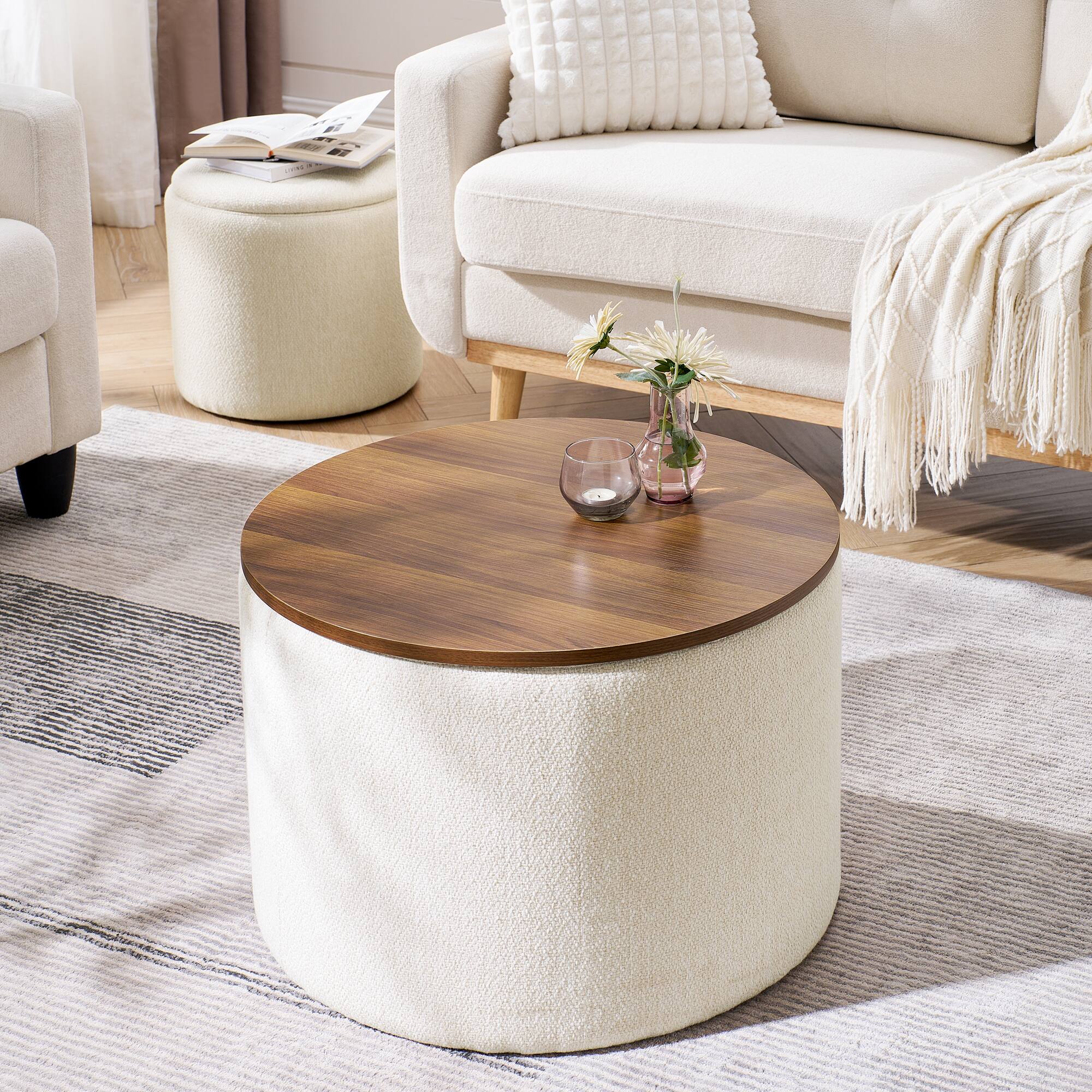 Alt View 1. GOODSILO - 2-Piece Round Storage Ottoman Set with Hidden Storage and Detachable Stool, Classic Design for Living Room and Bedroom - Beige.