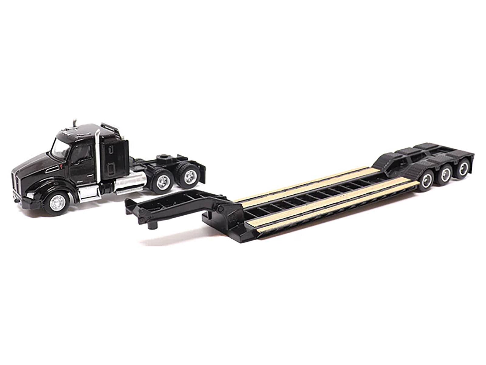 Angle. Diecast Masters - Kenworth T880 SBFS Sleeper Tandem Black with Lowboy Trailer & CAT 320D L Hydraulic Excavator Yellow 1/87 HO Diecast - Yellow and Black.