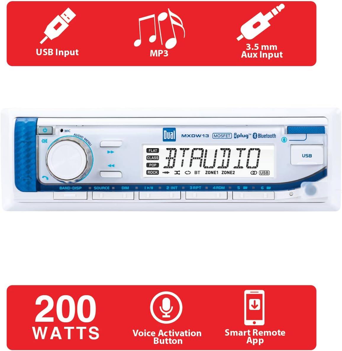 USB Input  
MP3  
3.5 mm Aux Input  

Dual MXDW13 MOSFET iPlug Bluetooth  

USB  
BAND-DISP  
SOURCE  
DIM  
1/2  
INT  
3RPT  
4RDM  
5  
6  

FLAT  
CLASS  
POP  
ROCK  

BT AUDIO  
ZONE1  
ZONE2  

200 WATTS  

Voice Activation Button  
Smart Remote App
