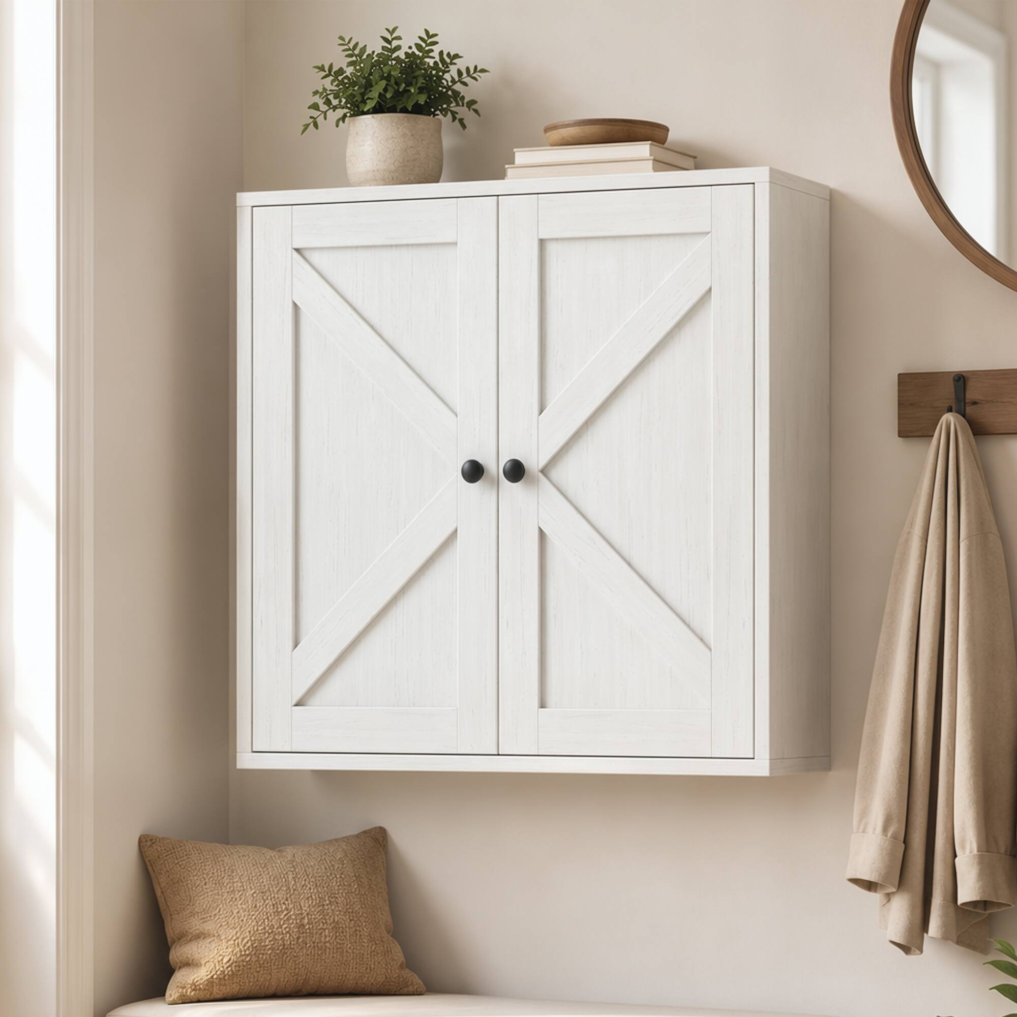 Alt View 8. Homcom - Wall Cabinet, Farmhouse Bathroom Cabinet Wall Mount with 2 Shelves - White wood grain.