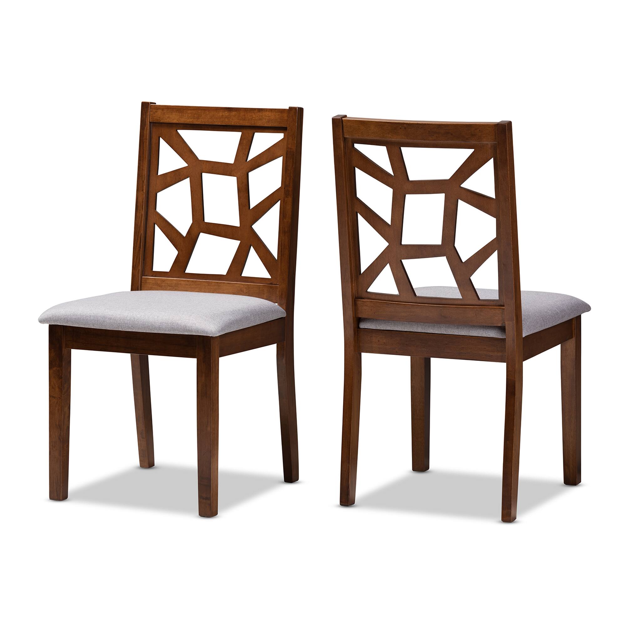 Front. Baxton Studio - Set of 2 Abilene Mid-Century Fabric Upholstered and Finished Dining Chairs - Grey/Walnut Brown.