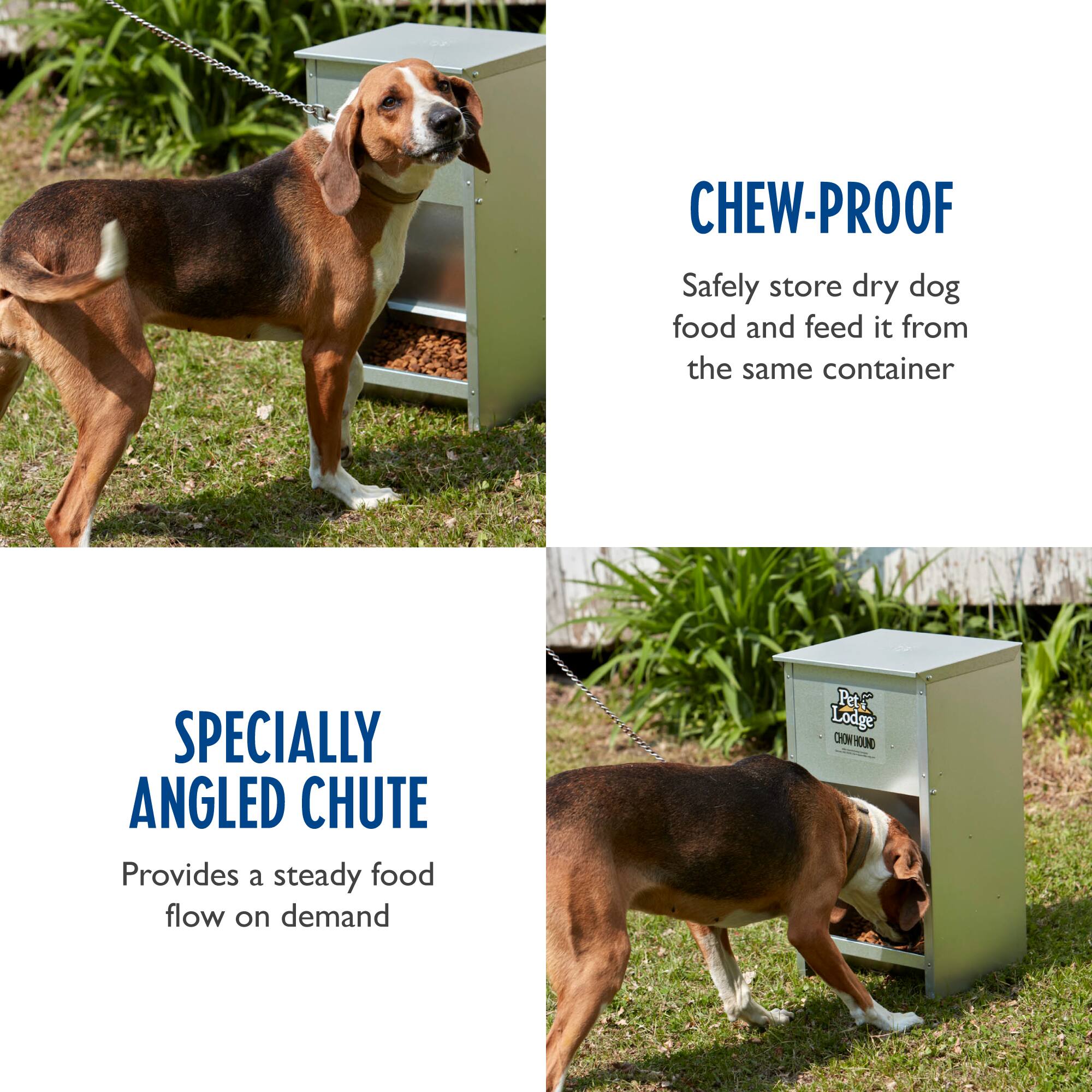 CHEW-PROOF  
Safely store dry dog food and feed it from the same container  

SPECIALLY ANGLED CHUTE  
Provides a steady food flow on demand  

Pet Lodge  
CHOW HOUND