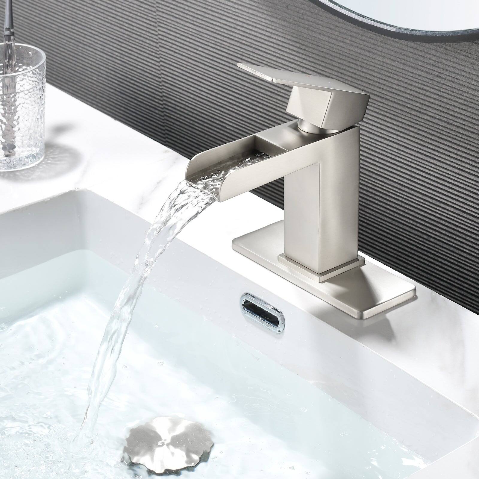 Alt View 4. Boyel Living - Brushed Faucet SUS304 Waterfall Spout cUPC Cartridge 60cm Supply Line Pop Up Drain - Brushed Nickel.