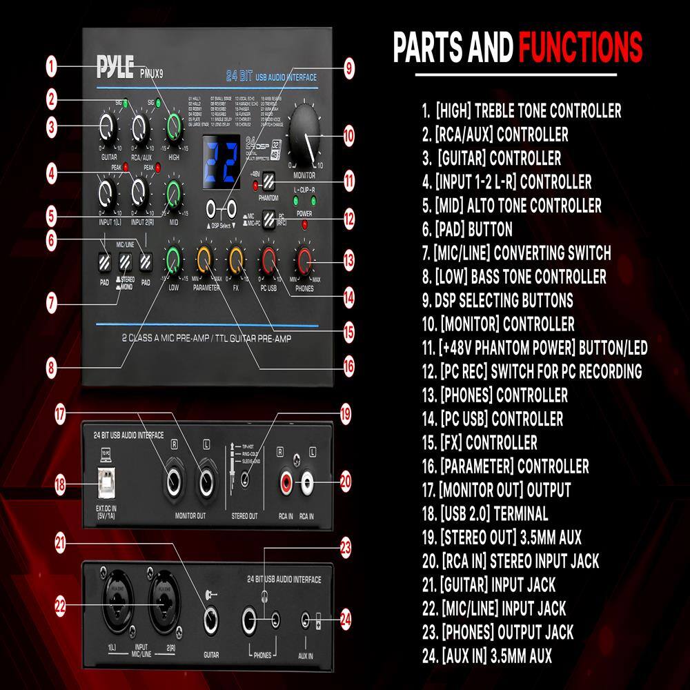 1. [HIGH] TREBLE TONE CONTROLLER  
2. [RCA/AUX] CONTROLLER  
3. [GUITAR] CONTROLLER  
4. [INPUT L-R] CONTROLLER  
5. [MID] ALTO TONE CONTROLLER  
6. [PAD] BUTTON  
7. [MIC/LINE] CONVERTING SWITCH  
8. [LOW] BASS TONE CONTROLLER  
9. DSP SELECTING BUTTONS  
10. [MONITOR] CONTROLLER  
11. [+48V PHANTOM POWER] BUTTON/LED  
12. [PC REC] SWITCH FOR PC RECORDING  
13. [PHONES] CONTROLLER  
14. [PC USB] CONTROLLER  
15. [FX] CONTROLLER  
16. [PARAMETER] CONTROLLER  
17. [MONITOR OUT] OUTPUT  
18. [USB 2.0] TERMINAL  
19. [STEREO OUT] 3.5MM AUX  
20. [RCA IN] STEREO INPUT JACK  
21. [GUITAR] INPUT JACK  
22. [MIC/LINE] INPUT JACK  
23. [PHONES] OUTPUT JACK  
