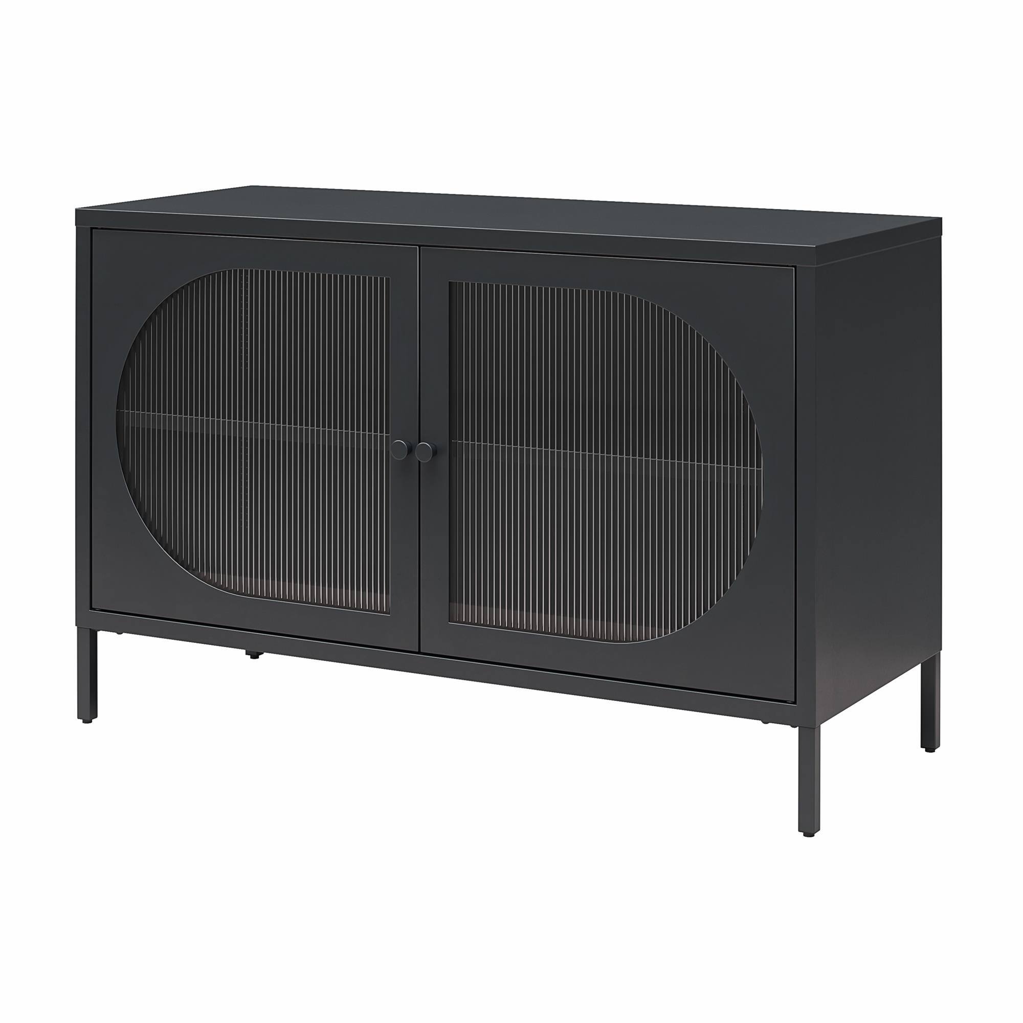 Left. Aukfa - Wide 2-Door Accent Cabinet - Fluted Glass Doors, Metal Frame, 39.4"W x 25.2"H, 2 Shelves (1 Adjustable) - Black.