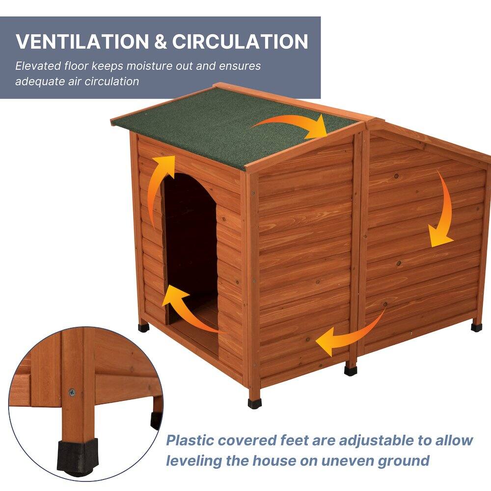 VENTILATION & CIRCULATION  
Elevated floor keeps moisture out and ensures adequate air circulation  

Plastic covered feet are adjustable to allow leveling the house on uneven ground