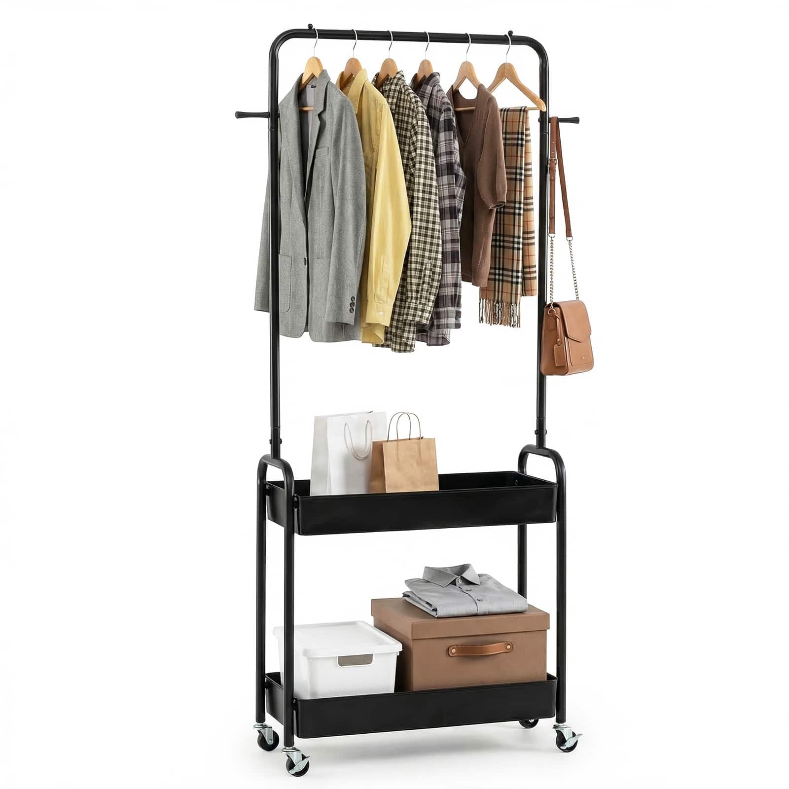 Gymax - Rolling Clothes Rack w/Hanging Rod Side Hooks Storage Baskets Lockable Wheels - Black