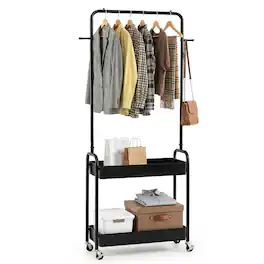 Gymax - Rolling Clothes Rack w/Hanging Rod Side Hooks Storage Baskets Lockable Wheels - Black