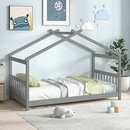 Costway - Twin Size House Bed with Roof Wooden Low Floor Bed No Box Spring Needed - Gray