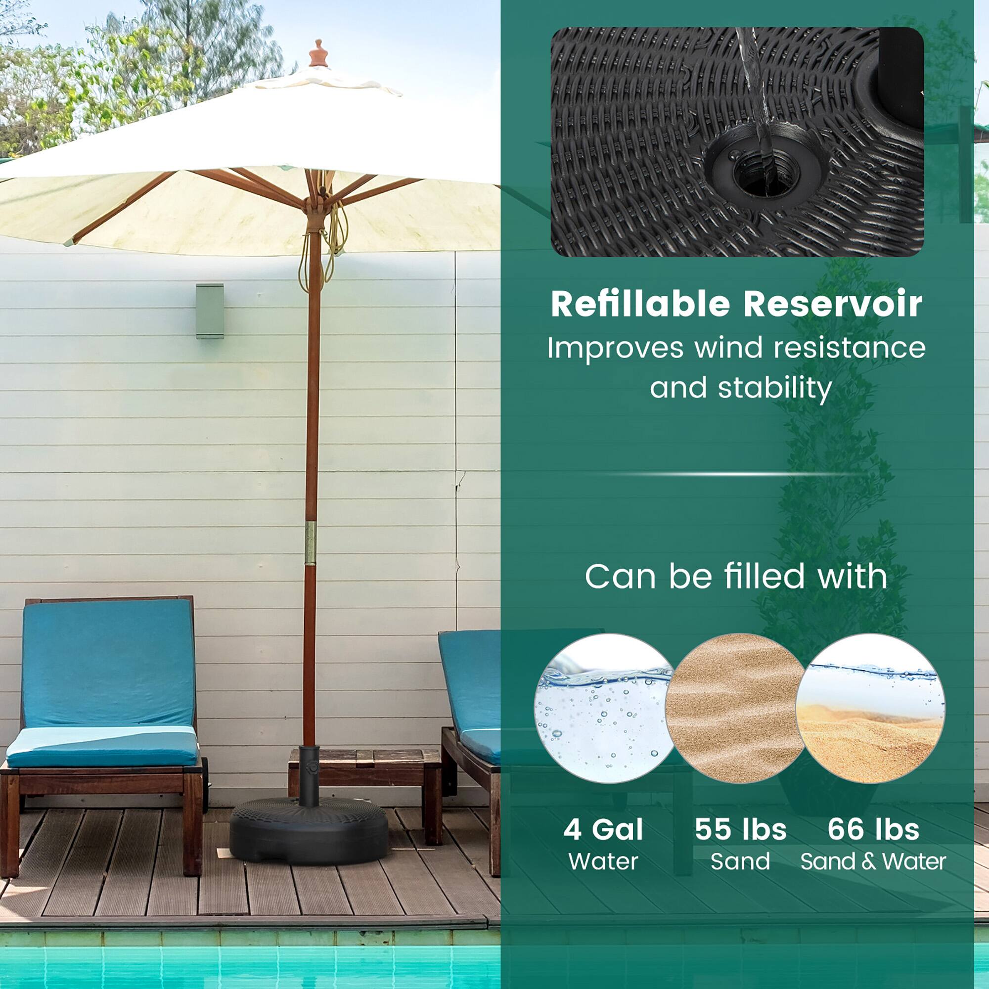 Refillable Reservoir  
Improves wind resistance and stability  

Can be filled with  
4 Gal Water  
55 lbs Sand  
66 lbs Sand & Water