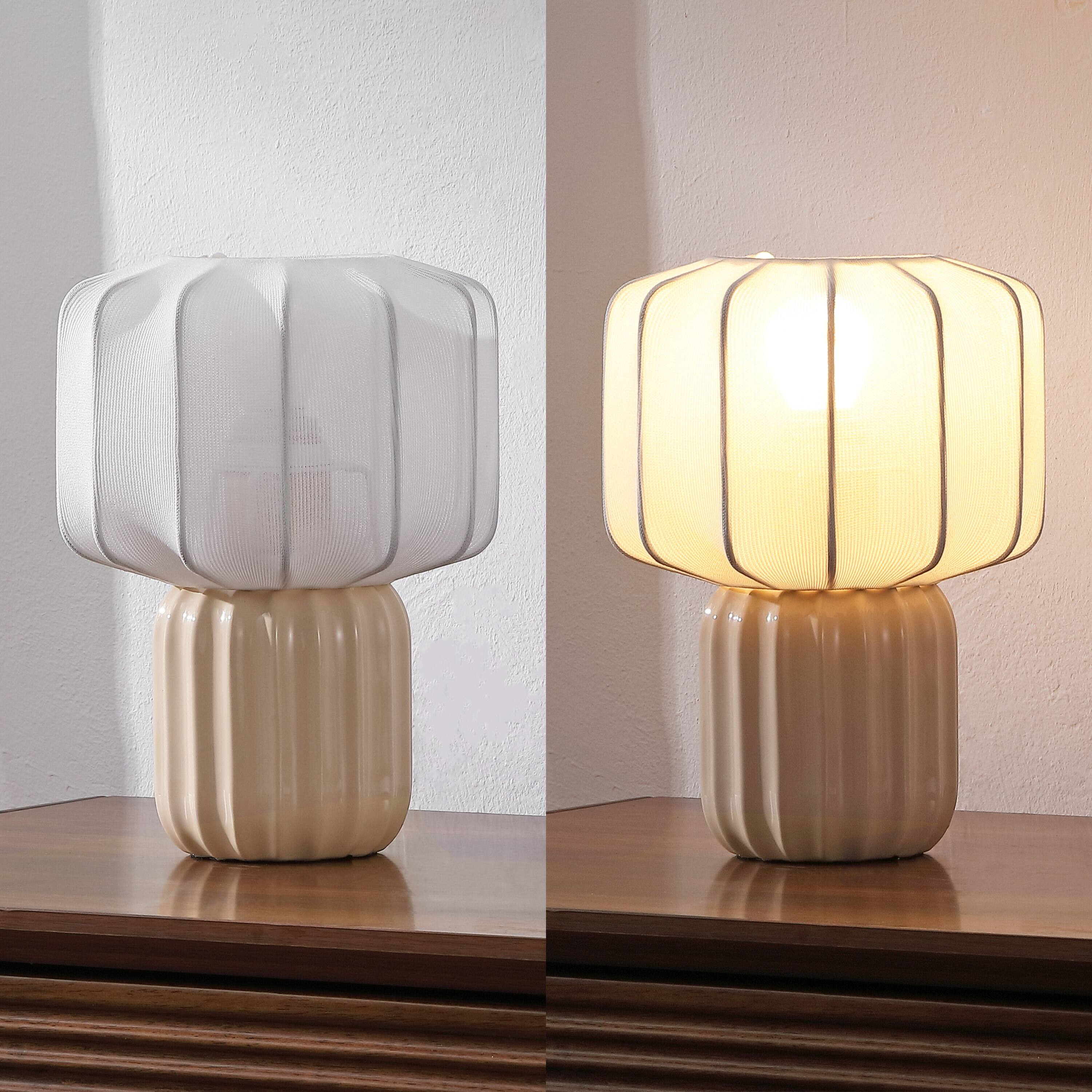 Alt View 6. Jonathan Y - Leola 10 in. Modern Contemporary Ceramic Fluted Mini with Ribbed Cocoon Pumpkin Shade LED Table Lamp, Almond/White - Almond.