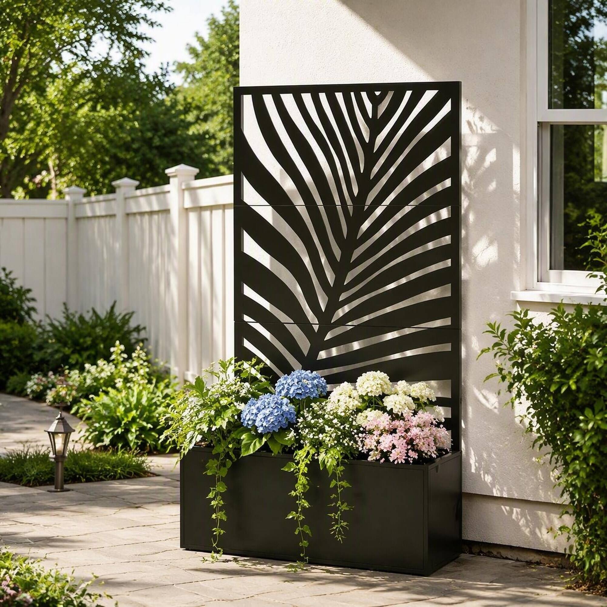 Back. RYHNUYNE - Outdoor Raised Garden Bed with Leaf Privacy Screen and Tall Trellis, 32-Gallon Metal Planter Box for Patio - Black.