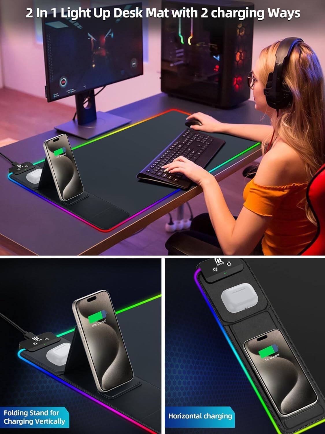 2 In 1 Light Up Desk Mat with 2 charging Ways

Folding Stand for Charging Vertically

Horizontal charging