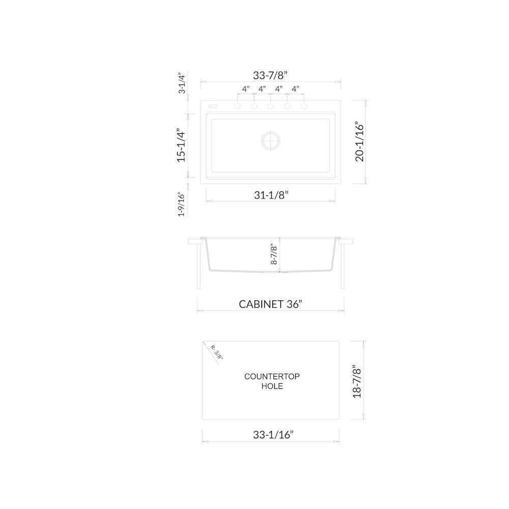 Sure, here is the corrected and grouped text from the image:

- **Dimensions:**
  - 3-1/4"
  - 15-1/4"
  - 1-9/16"
  - 33-7/8"
  - 4"
  - 4"
  - 4"
  - 4"
  - 31-1/8"
  - 20-1/16"
  - 8-7/8"
  - 36"
  - 22-1/16"
  - 18-7/8"
  - 33-1/16"

- **Labels:**
  - CABINET 36"
  - COUNTERTOP HOLE

- **Additional Measurements:**
  - 33-7/8"
  - 31-1/8"
  - 20-1/16"
  - 8-7/8"
  - 18-7/8"
  - 33-1/16"