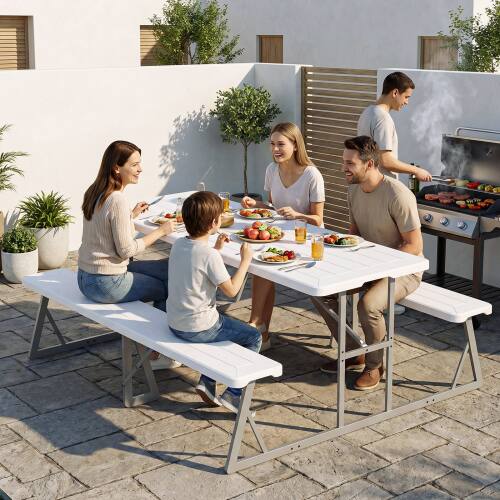 Alt View 5. Winado - 6FT Plastic Picnic Table Set with Benches, Storage Shelf, Umbrella Hole for Indoor Outdoor Dining Party Garden Camping - White.
