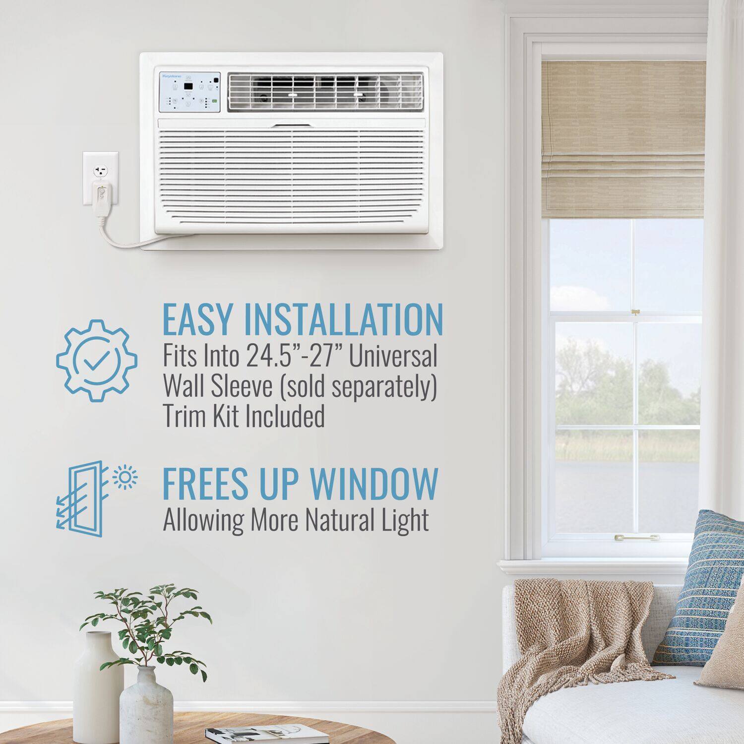 The text on the image is grouped and corrected as follows:

Easy Installation: Fits into 24.5"-27" Universal Wall Sleeve (sold separately) Trim Kit Included. Frees Up Window, Allowing More Natural Light.
