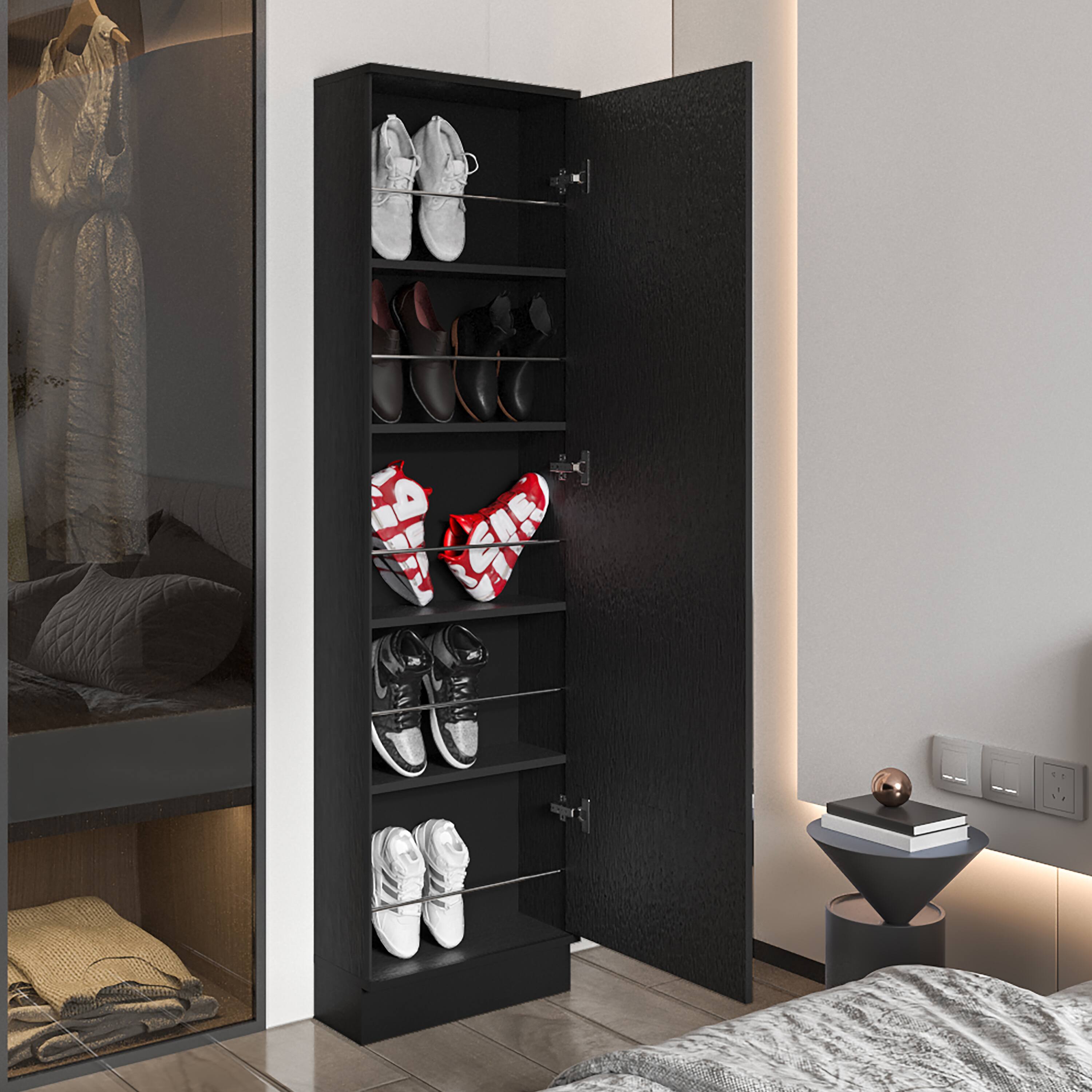 Angle. APRILSOUL - Ruan XL Shoe Rack Mirror Five Interior Shelves Single Door Cabinet - Black.