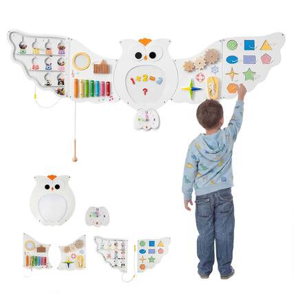 Front. Costway - Costway Owl Activity Wall Busy Board Panels Montessori Sensory Toys for Playroom Nursery - Multicolor.