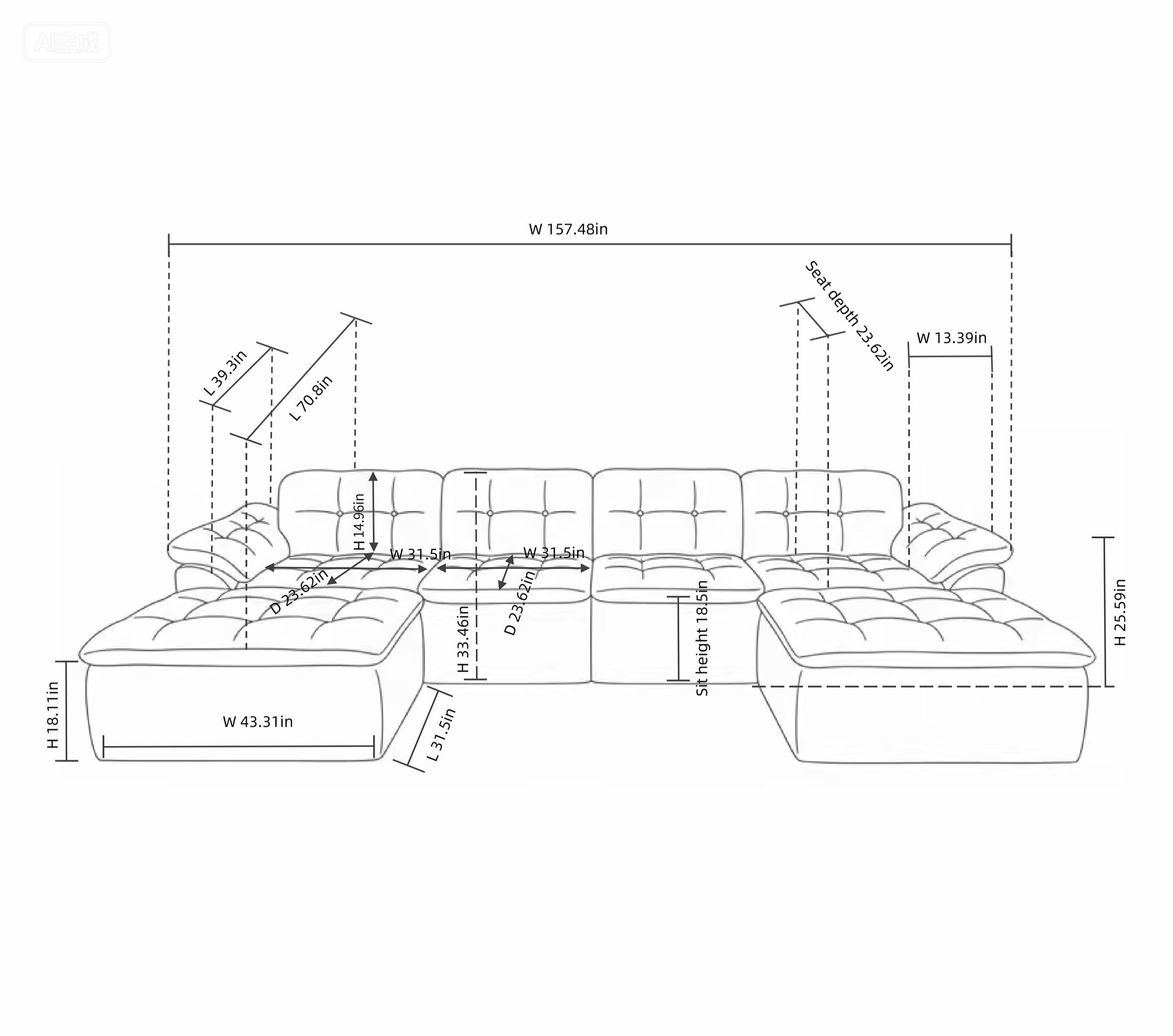 AL W 157.48in  
39.3in L  
L70.8in  
Seat depth 23 62in  
W 13.39in  
H18.11in  
14.96in H  
D-23-62in  
W 43.31in  
W W-31.5in  
33.46in H  
L31.5in  
I W 31.5in  
31 23,62in  
23 D 18.5in  
height Sit 25.59in I
