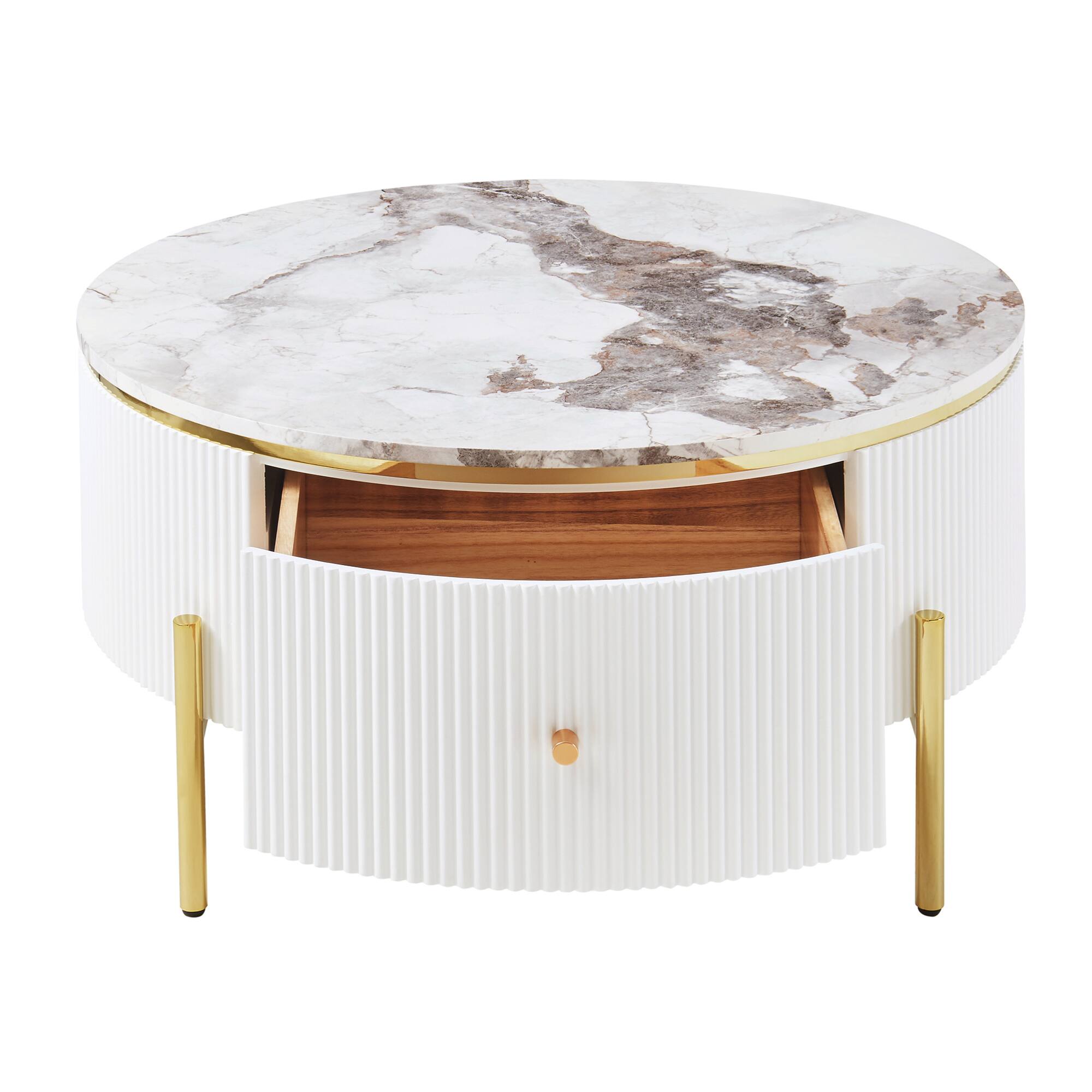 Alt View 4. GOODSILO - Contemporary Round Coffee Table with Dual Large Drawers for Enhanced Living Room Storage and Style - Off White.