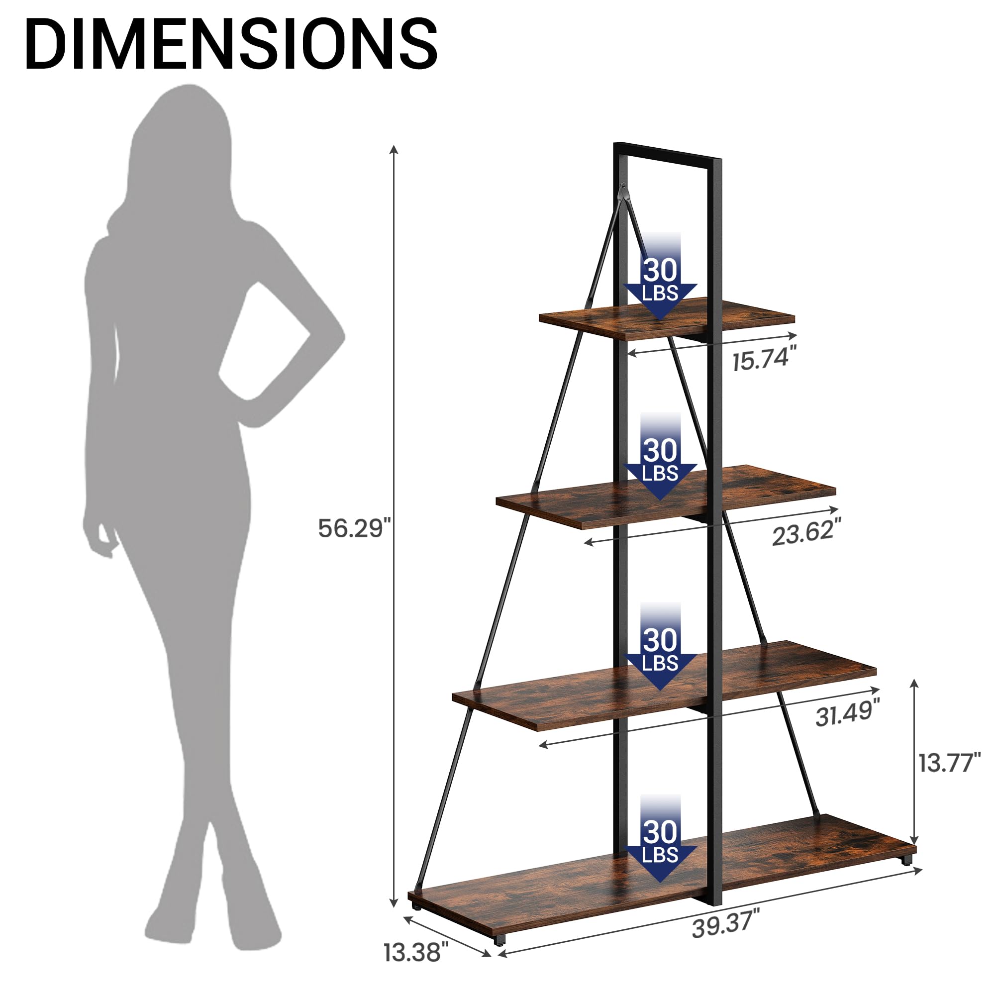 DIMENSIONS

- 30 LBS
  - 15.74" (width)
  - 23.62" (depth)

- 30 LBS
  - 31.49" (width)
  - 13.77" (depth)

- 30 LBS
  - 39.37" (width)
  - 13.38" (depth)

- Total height: 56.29"