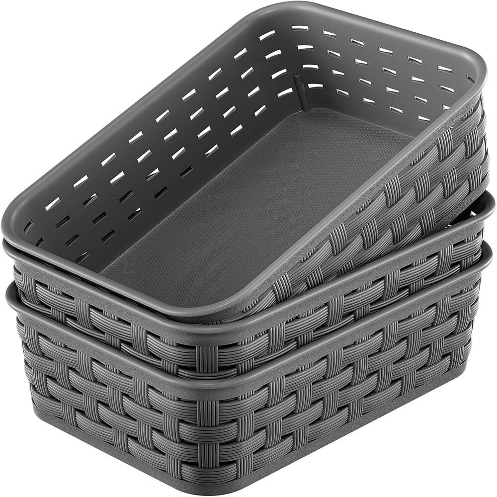RTMB - 3-Pack Dark Gray Plastic Storage Baskets, Small, Multiuse Organizers