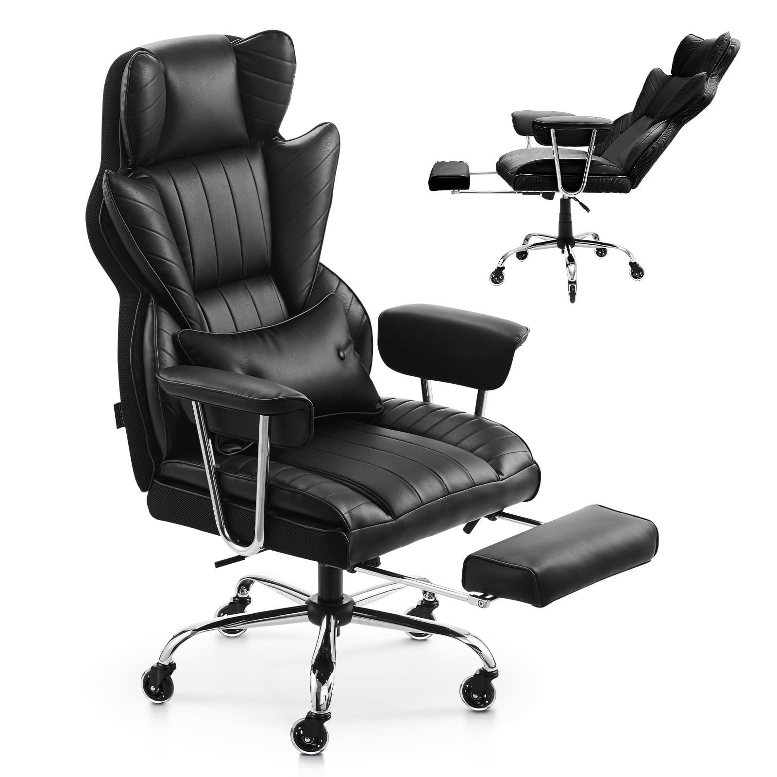VEVOR - Executive Office Chair with Footrest, 400lb Capacity with Lumbar Pillow & Removable Armrests, Heavy Duty Ergonomic Chair - Black