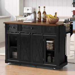 Loheer - Farmhouse Kitchen Island with Drop Leaf and Sliding Barn Door, Rolling Kitchen Cart with Power Outlet - Black