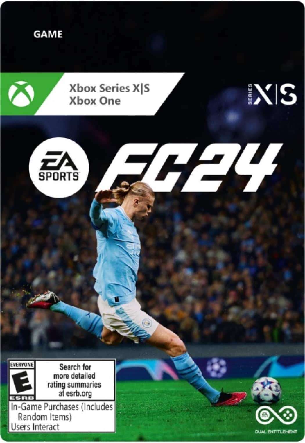 GAME Xbox Series X|S Xbox One SERIES X EA SPORTS FC24 EVERYONE Search for more detailed E rating at esrb.org summaries ESRB In-Game Purchases (Includes Random Items) Users Interact DUAL ENTITLEMENT
