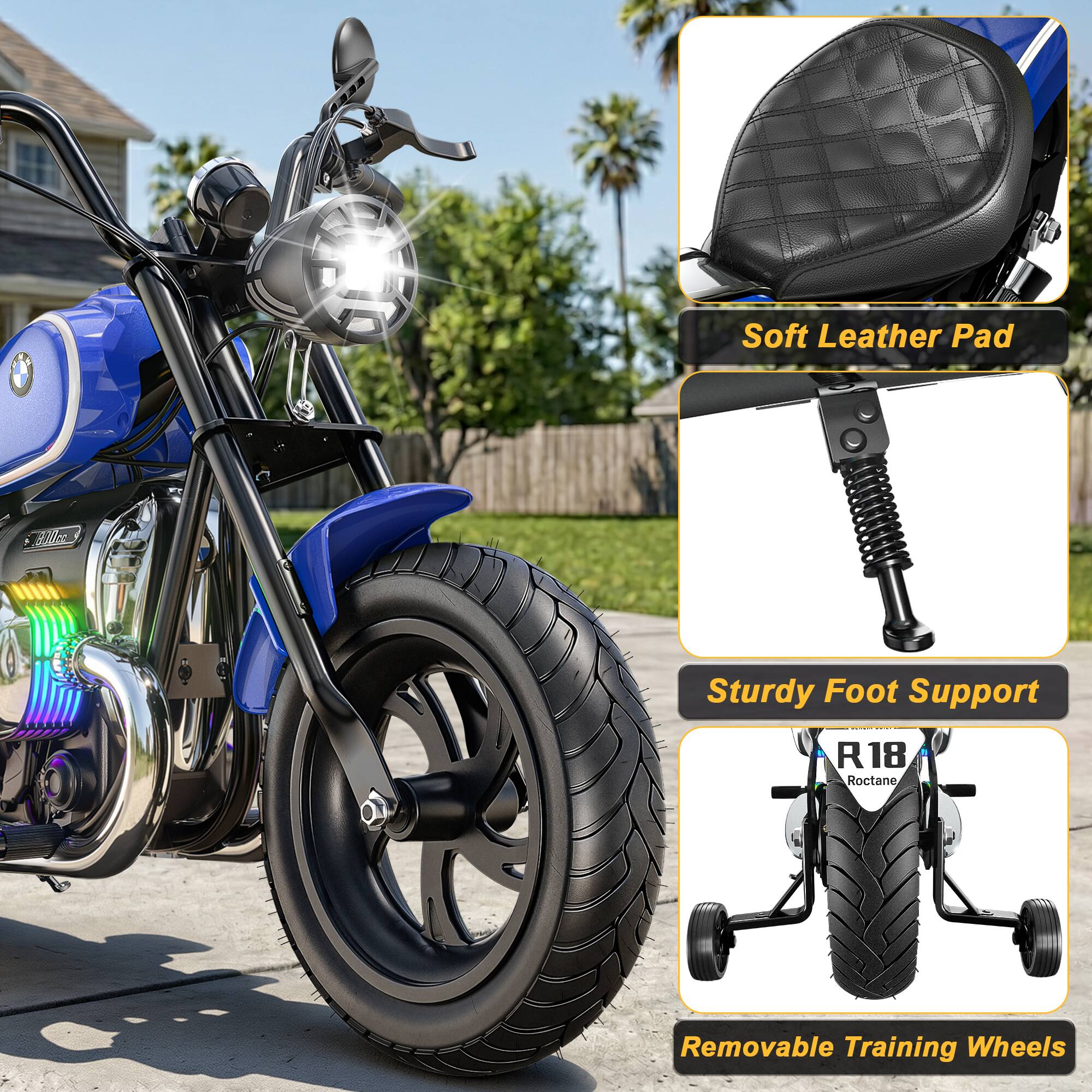 - Soft Leather Pad
- Sturdy Foot Support
- R18 Roctane
- Removable Training Wheels